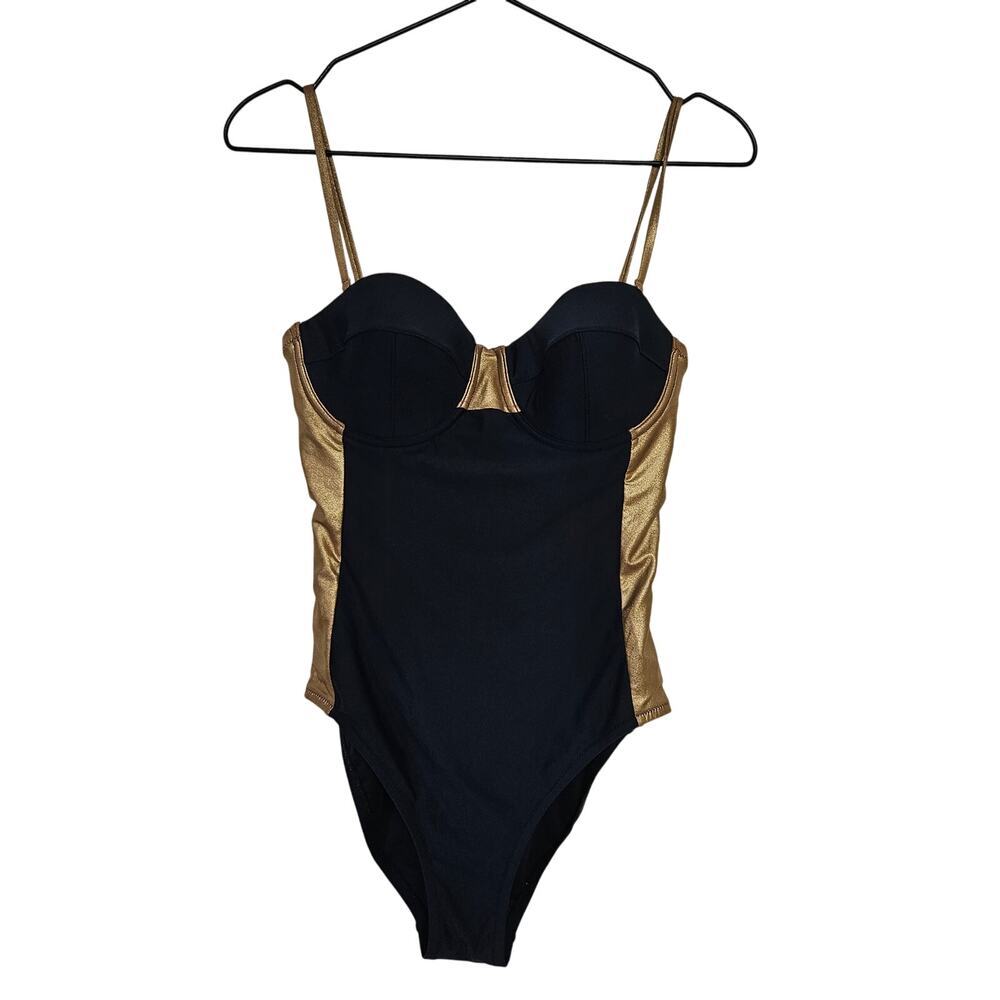 J.Crew Color Block One Piece Swimsuit 8 Navy Metallic Gold Underwire Cup